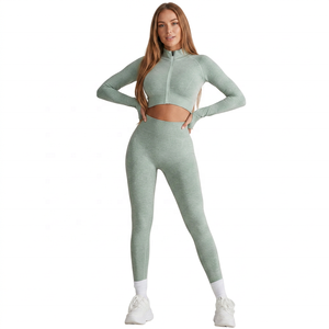 Leggings de sport respirants à manches longues, fermeture éclair intégrale, sans couture frontale, effet push-up, pour la gym et le fitness (vente en gros) - Product Image 2