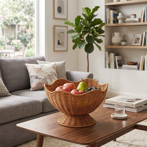 Corbeille à fruits en rotin sur piédestal, panier de service fait main multifonctionnel pour la salle à manger, la décoration intérieure et l'affichage en magasin - Product Image 6