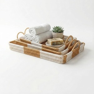 Rectangle Rattan Handwoven Tray Trio <b>Set</b> Perfect For Bathroom Vanity Organization Soap Perfume And Towels From India - Product Image 1