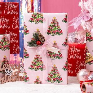 Rotolo di Carta da Regalo Rosa con Alberi Verdi, Fiocchi e Scritte Rosse 'Merry', Carta da Regalo Reversibile per Natale e Capodanno - Product Image 3