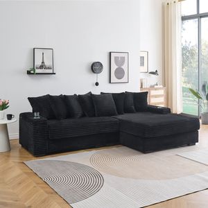 Divano Reclinabile in Velluto a Coste Nero da 283 cm con Portabicchieri, Bracciolo Sinistro/Destro Convertibile per Soggiorno, Funzione Contenitore Inclusa - Product Image 5