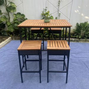 BS00028 Ensemble de mobilier de salle à manger d'extérieur moderne et élégant, table de bistrot, ensemble de bar en rotin tressé et bois, sectionnel, hauteur 4 pièces, pour cour - Product Image 1