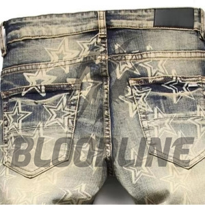Jeans de Mezclilla para Hombre BLOODLINE, Corte Recto, Desgastados, Cintura Alta, Ajustados, de Algodón, Estilo Casual de Verano, con Estampado de Estrellas - Product Image 4