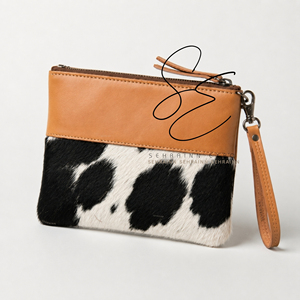 Luxury Real Cowhide Leather <b>Wristlet</b> Clutch Bag Cow Fur Makeup Pouch Small Evening Handbag for Women - Product Image 3