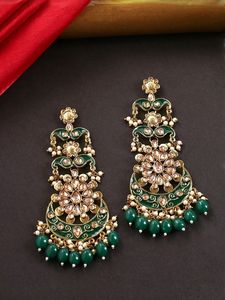 Pendientes de Araña Estilo Kashmiri Indio al por Mayor, con Esmeraldas Verdes, Meenakari, Kundan y Perlas Colgantes para Mujer - Product Image 3