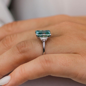 Radiant Cut Hidden Halo <b>Ring</b> Green Moissanite Three Stone <b>Ring</b> White Gold Engagement <b>Ring</b> 10K Solid Gold Half <b>Moon</b> Cut Cz <b>Ring</b> - Product Image 3