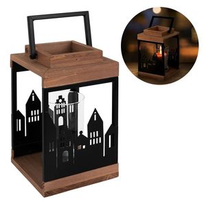 Wooden Top Metal Lantern With City Silhouette Design For Home Decoration - Product Image 6