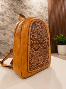 Bohemian Genuine Leather Waterproof Luxury <b>Backpack</b> with Turquoise Embossed Floral Panel 13 Inch Unisex Daypack - Product Image 1