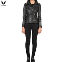 Veste en peau de mouton véritable pour femme, noire, confortable, en tissu tissé doux, design unique, style tendance, coupe ajustée, avec poche