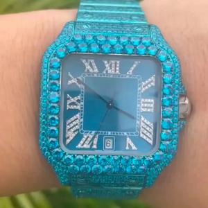 Reloj de Lujo Iced Out con Turquesa y Piedras Azules, Cuadrado, Totalmente Engastado en Diamantes, Estilo Hip Hop para Hombre, Joyería de Alta Calidad - Product Image 4