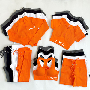 5 Pieces <b>Shorts</b> <b>Long</b> Yoga Set Active Wear Crop Top <b>Women</b> 2 Piece Gym High Back Sports Bra 2Pcs Ribbed Seamless Yoga Sets - Product Image 1