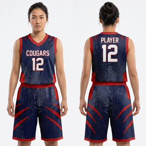 Conjunto de Camiseta de Baloncesto Cougars Sublimada, sin Mangas, Cuello en V, Malla Transpirable, Ajuste para Adultos, Rojo Marino 12 - Product Image 5