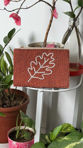 Brown <b>Beaded</b> Pearl Fabric Clutch <b>Purse</b> With Raised Applique Decoration Zipper Closure For Women Party Wear Sculptures Decorative - Product Image 3