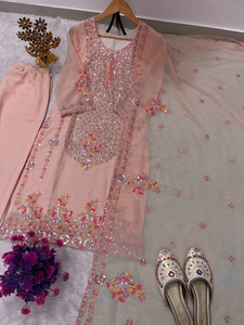 Pink Georgette Embroidered Traditional Ethnic <b>Shawl</b> Set Women's Daily Wear Spring Summer Floral Pattern India Pakistan Style - Product Image 3