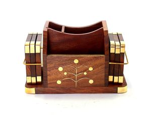 Handcrafted Wooden Desk Organizer with Brass Accents Multi Compartment Office <b>Stationery</b> <b>Holder</b> Pen Pencil Scissor Letter Note - Product Image 2