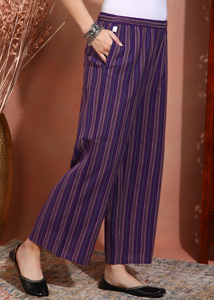 Pantalon Palazzo Premium en Coton Khadi Teint en Fil Rayé Violet, Décontracté, Ethnique, Respirant, Tissé à la Main, Coupe Large pour Femme - Product Image 4