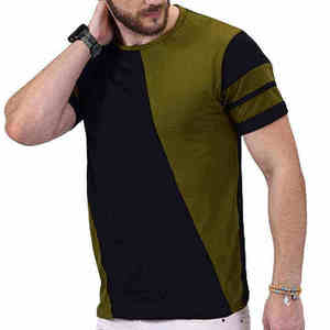 Camiseta de Verano Casual de Algodón para Hombre, Cuello Redondo, Manga Corta, con Paneles de Color Verde Oliva y Negro, Rayas en las Mangas, con Logotipo Personalizado - Product Image 3