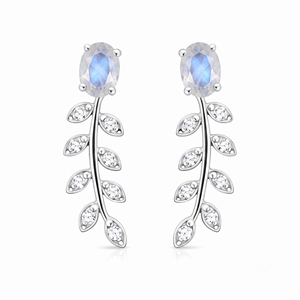 Pendientes colgantes de plata de ley con baño de rodio y microincrustaciones de circonita cúbica de piedra lunar en forma de hoja para mujer, 4.20g, ideales para aniversario. - Product Image 2