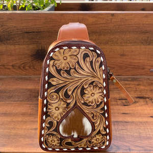 Riñonera cruzada de cuero Floral, diseño de pelo occidental de piel de vaca genuina, bolso de hombro con forro de nailon a la moda - Product Image 3