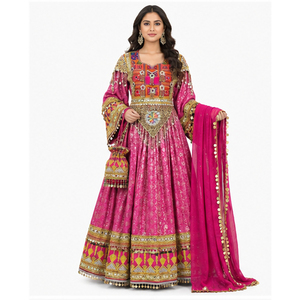Vestido de novia tradicional Salwar Kameez rosa bordado hasta el suelo para mujer con dupatta, bolso Potli, vestido afgano Kuchi - Product Image 1
