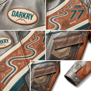 Workshop <b>Mens</b> Bronze <b>Brown</b> <b>Leather</b> Motorcycle <b>Jacket</b> Route 66 Speedway Racing Team Embroidered Patch Coat - Product Image 6