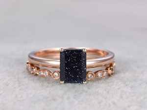 Anillo de piedra arenisca azul chapado en oro rosa 925, juego de 2 piezas, anillo de compromiso apilable, vintage, único, de plata de ley. - Product Image 3