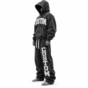 Ensemble unisexe noir 100 % coton, sweat à capuche oversize délavé avec fermeture éclair et pantalon large respirant brodé, service OEM, personnalisation de lettres - Product Image 2