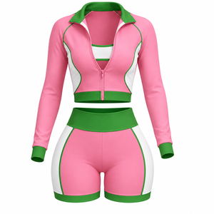 Custom Logo <b>Women</b> <b>2</b> <b>Piece</b> Short Tracksuit Patchwork Sexy Zip Crop Top Biker Shorts Regular Plus Size Casual Yoga <b>Outfit</b> ODM - Product Image 2