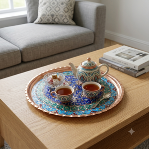 Colorful Enamel Hand Painted Copper <b>Round</b> <b>Tray</b> Traditional Floral Motif Decorative Metal Dish For Serving And Display - Product Image 3