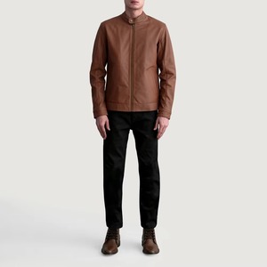 Veste en cuir véritable pour homme, couleur tan, coupe ajustée, en peau de mouton véritable, style café racer, col montant minimaliste, veste en cuir souple décontractée - Product Image 4