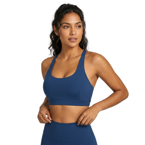 Sujetador deportivo de yoga con tirantes para mujer, soporte medio, transpirable, de elastano y poliéster, azul liso - Product Image 4