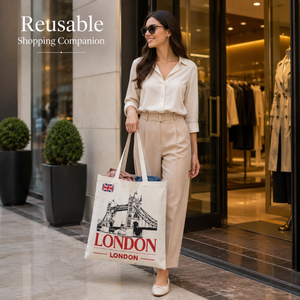 Eco Friendly London Cotton Canvas Tote <b>Bag</b> | Tower Bridge Printed Reusable Shopping <b>Bag</b> Promotional Souvenir Tote Long Handles - Product Image 2