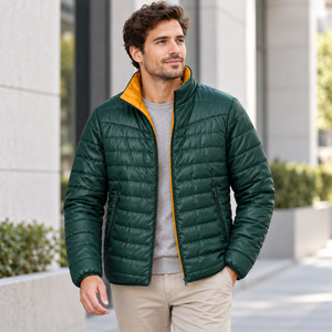 <b>Men's</b> Dark Green Puffer <b>Jacket</b> With Orange Lining Stand Collar Zipper Closure Windproof Casual Winter Wear - Product Image 3
