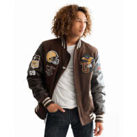 Veste Bomber Vintage Personnalisée en Gros pour Hommes, Marron, Style Varsity Letterman, Manches en Cuir Véritable, Patchwork en Tissu Éponge