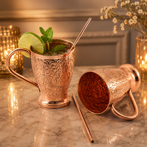 Juego de Tazas Moscow Mule de Cobre con Diseño Floral y Pajita para Cócteles de Fiesta - Product Image 1