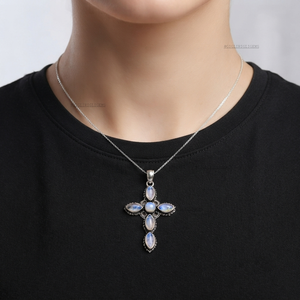 Colgante de Cruz de Piedra Lunar Arcoíris de Plata de Ley 925 Hecho a Mano, Joyería Boho Vintage con Engaste de Bisel para Mujer, Fiesta - Product Image 2