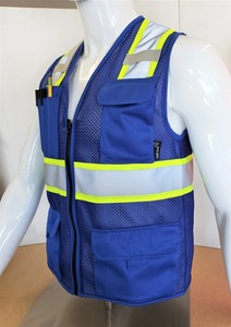 Gilet de sécurité haute visibilité en polyester bleu marine avec logo personnalisé, bandes réfléchissantes, fermeture éclair, uniforme de travail pour hommes - Product Image 2