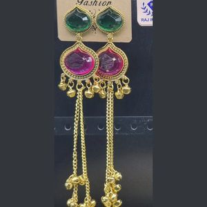 Gold Plated Betel Leaf <b>Stud</b> Oval Stone Drop <b>Earrings</b> Multi <b>Chain</b> Ghungroo Tassel Long Dangle Wholesale Set - Product Image 1