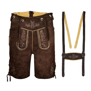 Men's Brown Lederhosen With Embroidery Floral Pattern High Waist Bermuda Shorts Casual Style Hand Embroidered <b>Suspenders</b> - Product Image 4