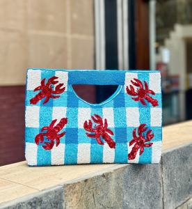 Bolso Rectangular Lavable Bordado con Cuentas de Vidrio Hechas a Mano, Diseño a Cuadros Azul y Blanco con Patrón de Cangrejo Rojo, para Uso Diario - Product Image 3