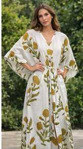 Floral Cotton Casual <b>Kaftan</b> Boho Tunic Dress <b>Plus</b> <b>Size</b> Indian Eco-Friendly Natural Waistline Loose Silhouette with Feathers - Product Image 3