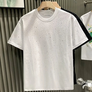 Camisetas de Lujo Personalizadas con Pedrería, Negras, 100% Algodón, Camisetas de Hombre con Cuello Redondo, Ropa Urbana de Verano, Camiseta con Cristales Brillantes, Diseño OEM - Product Image 3