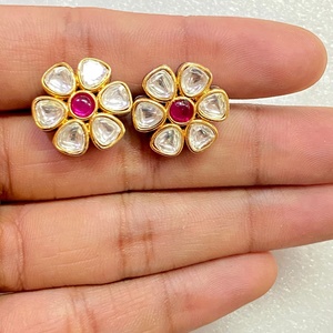 Handmade Floral Brass <b>Stud</b> <b>Earrings</b> Gold Plated Trendy Bezel Set Gemstone IGI Certified Bridal Anniversary Jewelry Gift for Him - Product Image 1