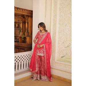 Livewear Purple <b>Sequins</b> & Zari Embroidered Polyester Salwar Kameez Party Wear <b>Top</b>-Bottom and Dupatta Set Size XL - Product Image 6