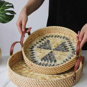 Plateau de service en rotin incrusté de nacre, artisanal et de haute qualité, design unique d'Inde, nouveau produit en bois - Product Image 4