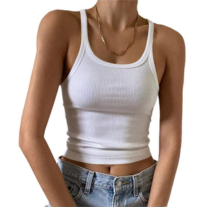 Camiseta sin mangas de punto acanalado con cuello redondo y ajuste ceñido de mezclilla de poliéster/spandex de color liso para mujer - Product Image 2