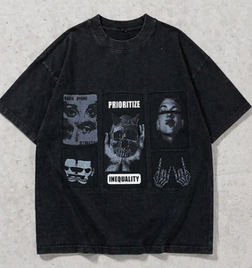 เสื้อยืดสตรีทแวร์ทรงโอเวอร์ไซส์ ผ้าคอตตอนถักน้ำหนักมาก 100% ทรงบ็อกซี่ ไหล่ตก พิมพ์โลโก้ด้านหน้า ป้องกันขนร่วง - Product Image 3