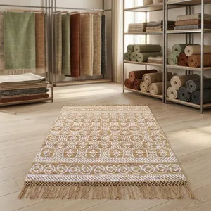 Tapis en jute classique artisanal HILTEX, tissage plat fin en fibres naturelles jacquard à motifs floraux pour extérieur - Product Image 2