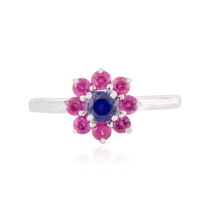 14K Solid Gold Floral Halo Ring with Ruby and Blue Sapphire - Product Image 2