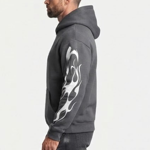 Custom <b>Men's</b> Gray Hooded <b>Sweatshirt</b> With <b>White</b> Flame Print On Sleeves Regular Fit Cotton Fleece Casual Autumn Wear Pocket Design - Product Image 6